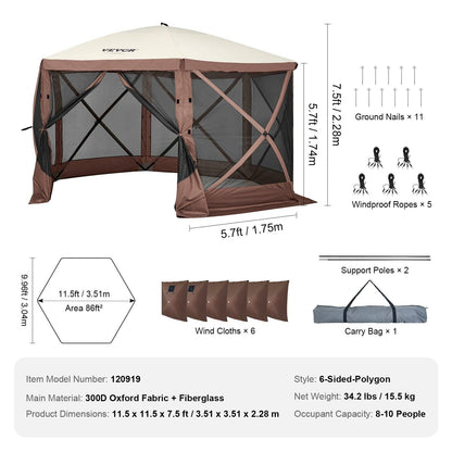 Pop Up Gazebo Tent, Pop-Up Screen Tent 6 Sided Canopy Sun Shelter with 6 Removable Privacy Wind Cloths & Mesh Windows, 11.5x11.5FT Quick Set Screen Tent with Mosquito Netting, Brown.