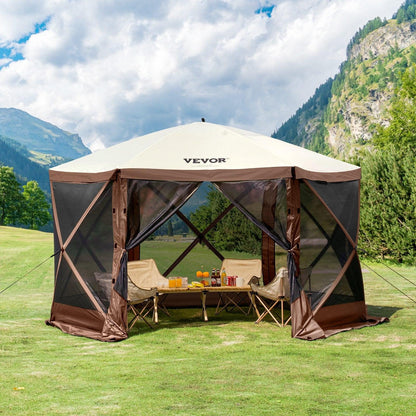 Pop Up Gazebo Tent, Pop-Up Screen Tent 6 Sided Canopy Sun Shelter with 6 Removable Privacy Wind Cloths & Mesh Windows, 11.5x11.5FT Quick Set Screen Tent with Mosquito Netting, Brown.