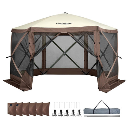 Pop Up Gazebo Tent, Pop-Up Screen Tent 6 Sided Canopy Sun Shelter with 6 Removable Privacy Wind Cloths & Mesh Windows, 11.5x11.5FT Quick Set Screen Tent with Mosquito Netting, Brown.