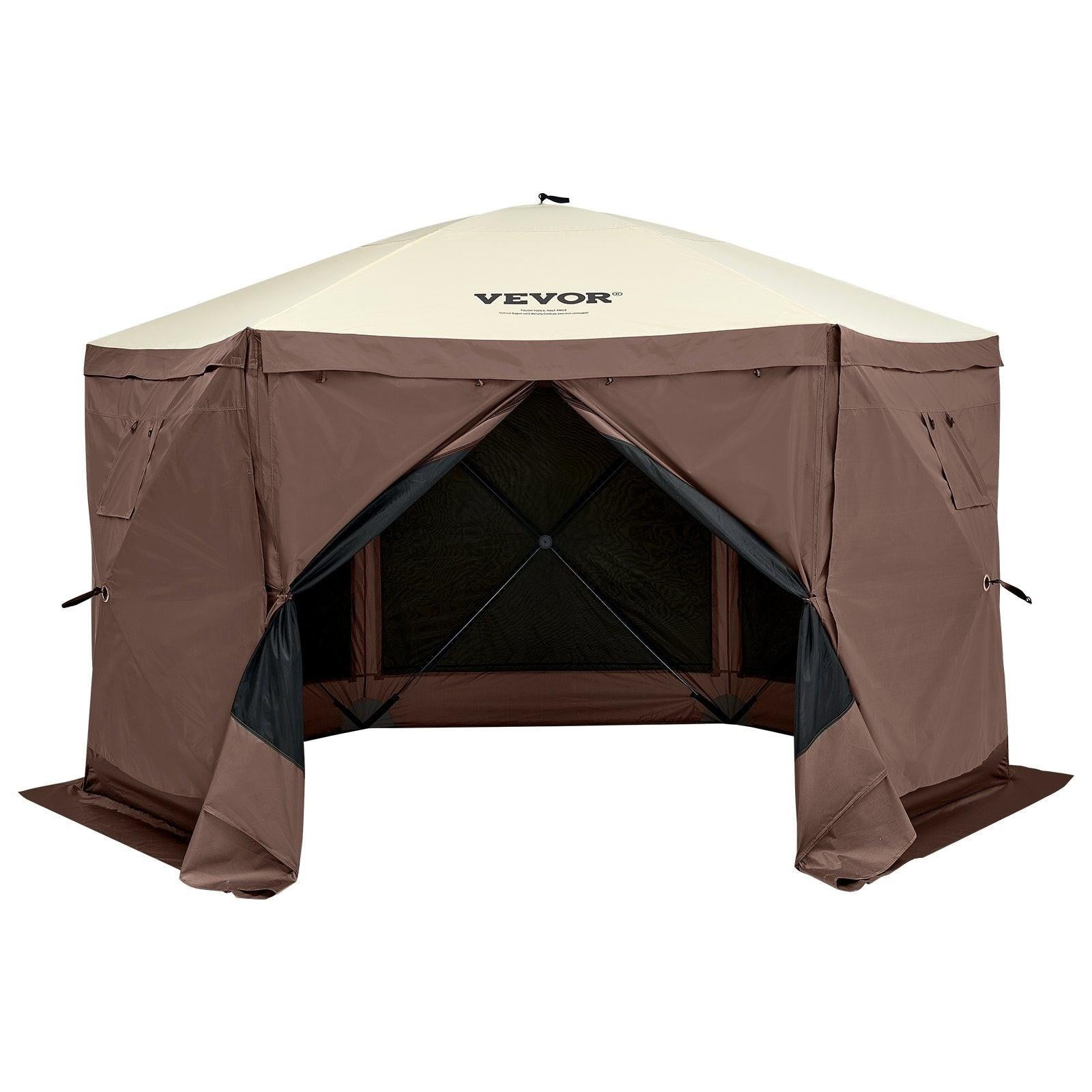 Pop Up Gazebo Tent, Pop-Up Screen Tent 6 Sided Canopy Sun Shelter with 6 Removable Privacy Wind Cloths & Mesh Windows, 11.5x11.5FT Quick Set Screen Tent with Mosquito Netting, Brown.