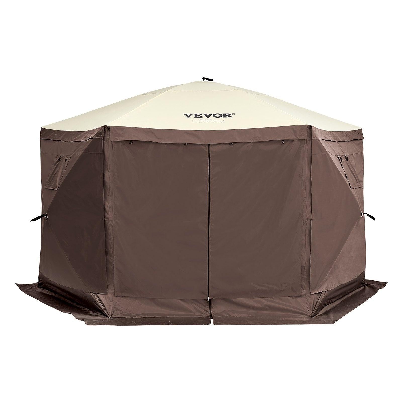 Pop Up Gazebo Tent, Pop-Up Screen Tent 6 Sided Canopy Sun Shelter with 6 Removable Privacy Wind Cloths & Mesh Windows, 11.5x11.5FT Quick Set Screen Tent with Mosquito Netting, Brown.