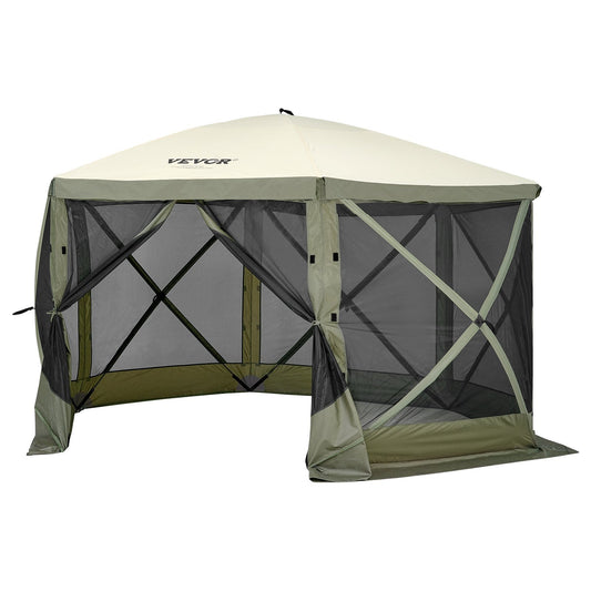 Pop Up Gazebo Tent, Pop-Up Screen Tent 6 Sided Canopy Sun Shelter with 6 Removable Privacy Wind Cloths & Mesh Windows, 12x12FT Quick Set Screen Tent with Mosquito Netting, Army Green.
