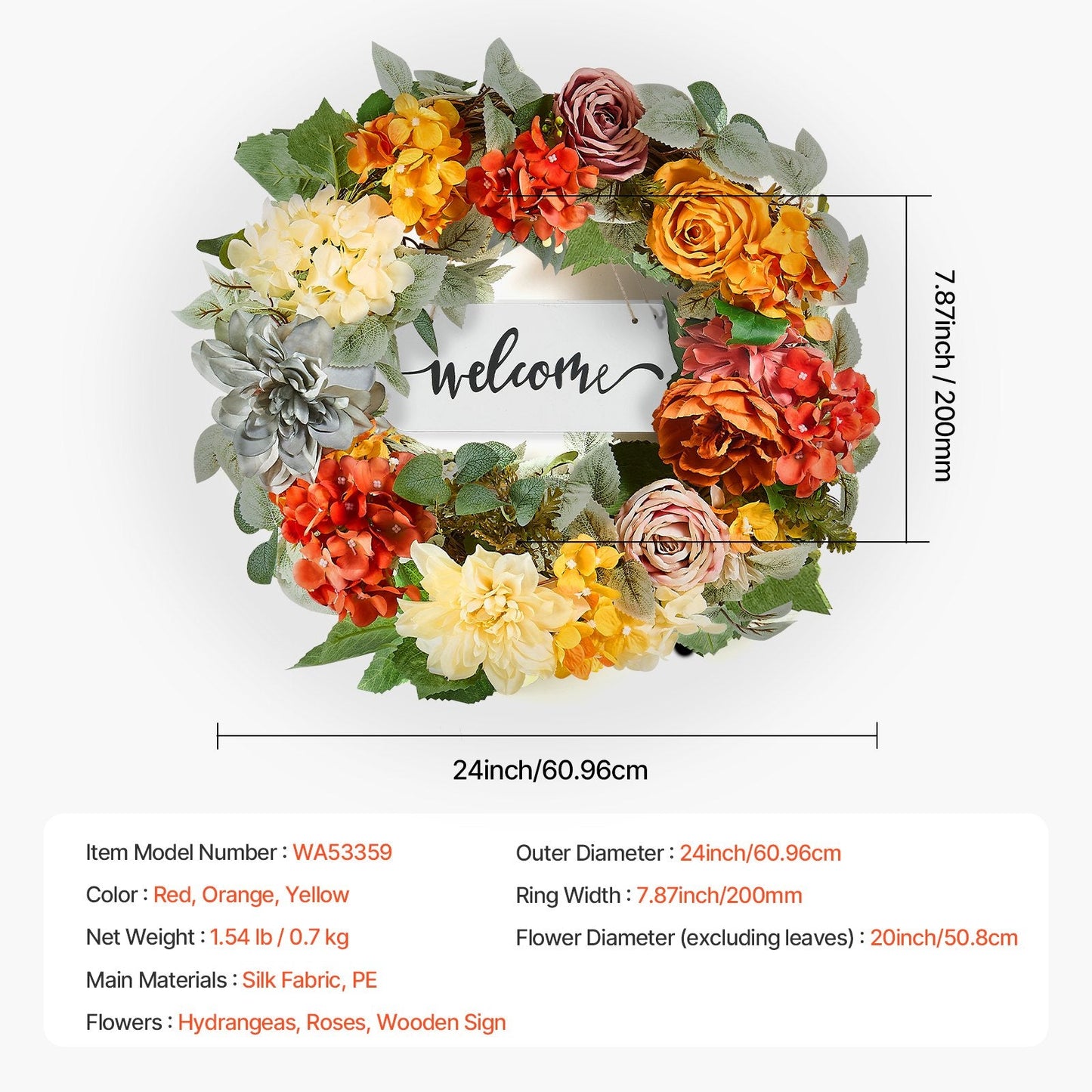 Artificial Decorative Wreath 60.96 cm Red Orange Yellow Hydrangeas Roses