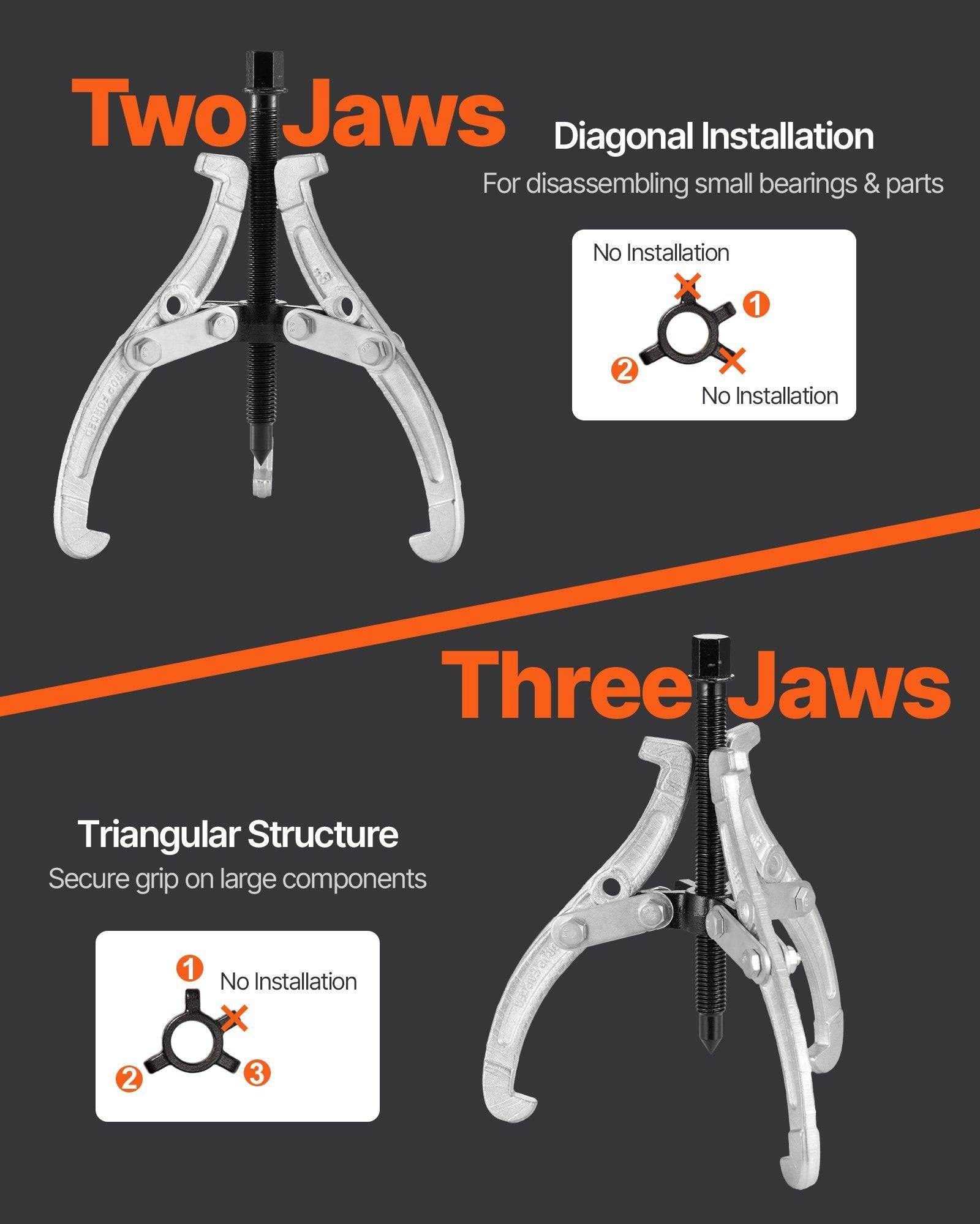 Gear Puller Set, 76.2 mm/101.6 mm/152.4 mm/203.2 mm 3 Jaw Bearing Puller with Reversible Jaws, 2 Jaw/3 Jaw Pulley Puller, 4 PCS Bearing Puller Tool Kit for Pulley Gear Bearing Flywheel Removal.