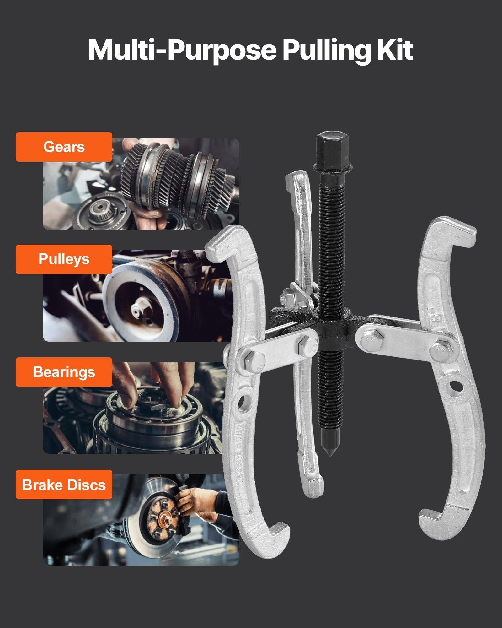 Gear Puller Set, 76.2 mm/101.6 mm/152.4 mm/203.2 mm 3 Jaw Bearing Puller with Reversible Jaws, 2 Jaw/3 Jaw Pulley Puller, 4 PCS Bearing Puller Tool Kit for Pulley Gear Bearing Flywheel Removal.