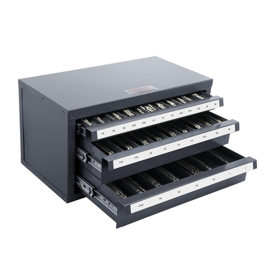 End Mill Dispenser Cabinet, Three-Drawer End Mill Organizer Cabinet for 1/8" to 1", Steel End Mill Dispenser Organizer Cabinet with Labels, 29-Compartment Stackable for End Mill Storage.