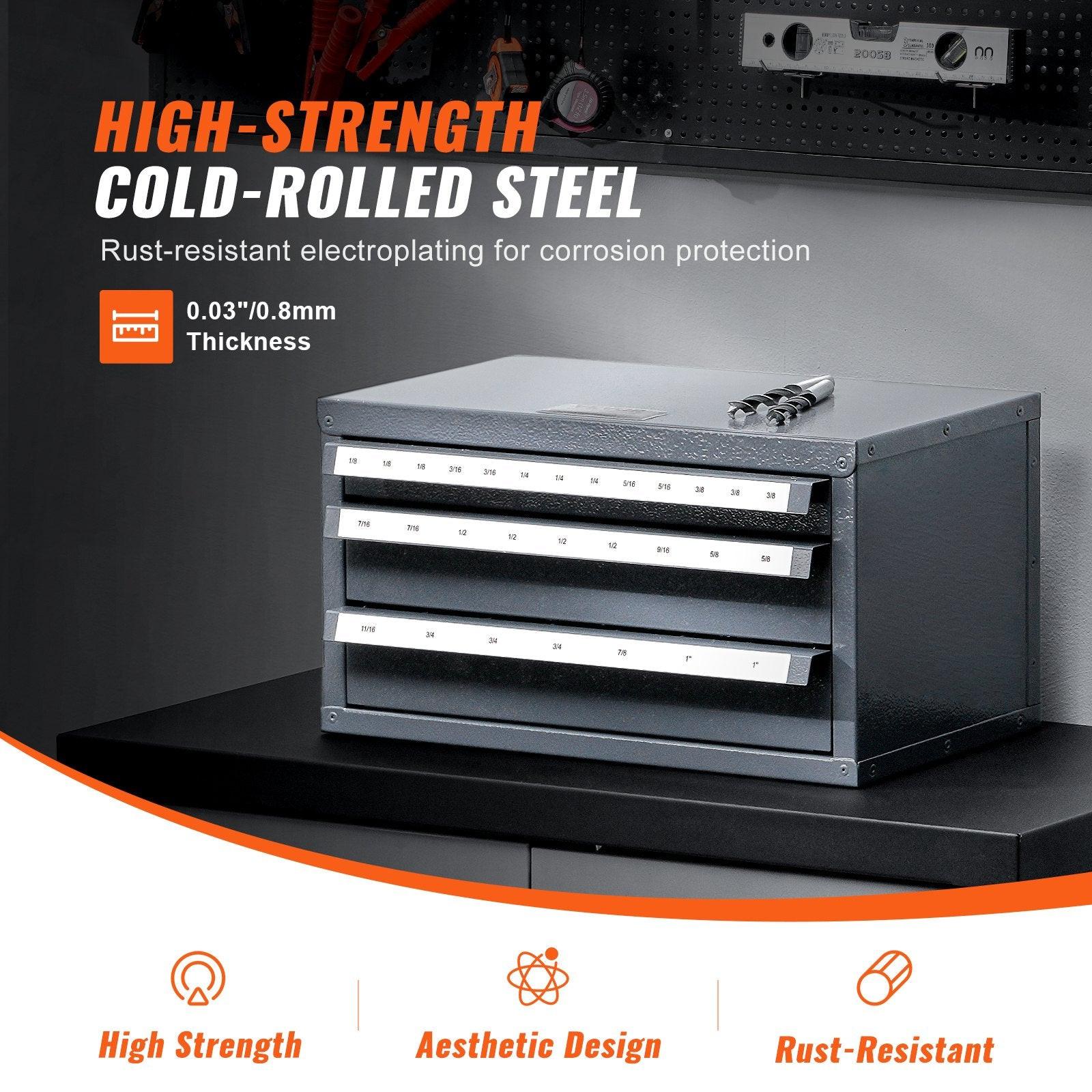 End Mill Dispenser Cabinet, Three-Drawer End Mill Organizer Cabinet for 1/8" to 1", Steel End Mill Dispenser Organizer Cabinet with Labels, 29-Compartment Stackable for End Mill Storage.