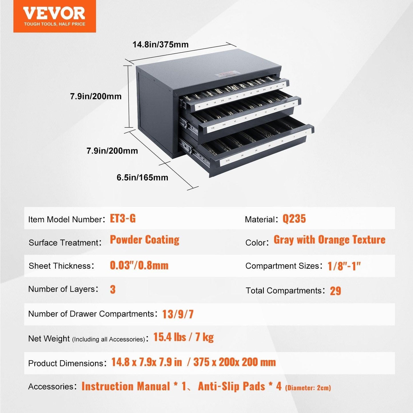 End Mill Dispenser Cabinet, Three-Drawer End Mill Organizer Cabinet for 1/8" to 1", Steel End Mill Dispenser Organizer Cabinet with Labels, 29-Compartment Stackable for End Mill Storage.