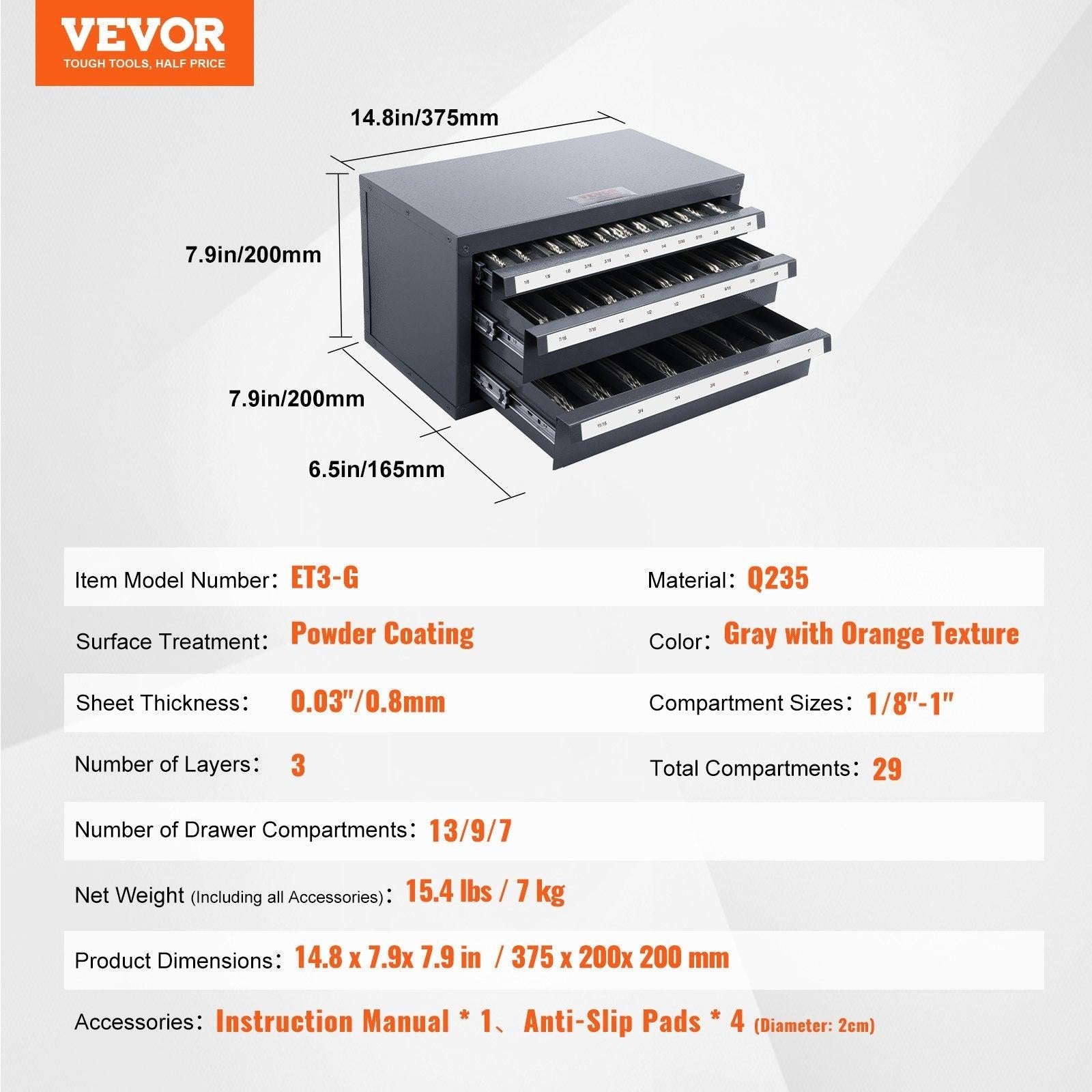 End Mill Dispenser Cabinet, Three-Drawer End Mill Organizer Cabinet for 1/8" to 1", Steel End Mill Dispenser Organizer Cabinet with Labels, 29-Compartment Stackable for End Mill Storage.