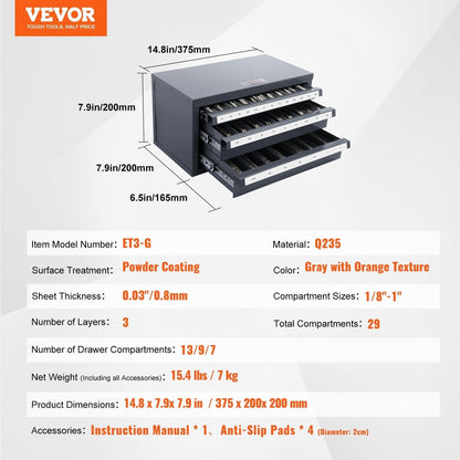 End Mill Dispenser Cabinet, Three-Drawer End Mill Organizer Cabinet for 1/8" to 1", Steel End Mill Dispenser Organizer Cabinet with Labels, 29-Compartment Stackable for End Mill Storage.