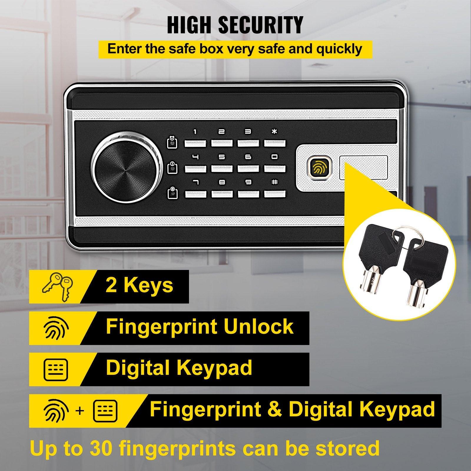 Safe Box, 0.8 CU.FT Fingerprint Safe Box for Money w/ 2 Keys & Digital Keypad, Q235 Steel Safe Box for Storing Cash, Jewelry, Pistols, Documents, Watches in Home & Office & Hotel.