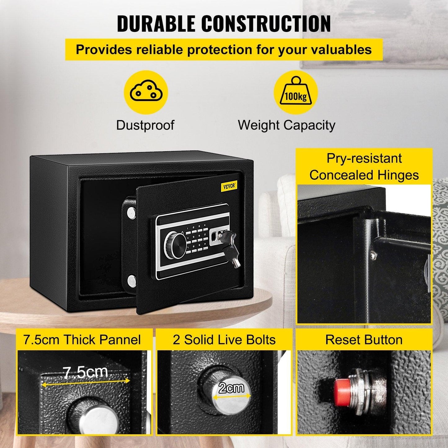 Safe Box, 0.8 CU.FT Fingerprint Safe Box for Money w/ 2 Keys & Digital Keypad, Q235 Steel Safe Box for Storing Cash, Jewelry, Pistols, Documents, Watches in Home & Office & Hotel.