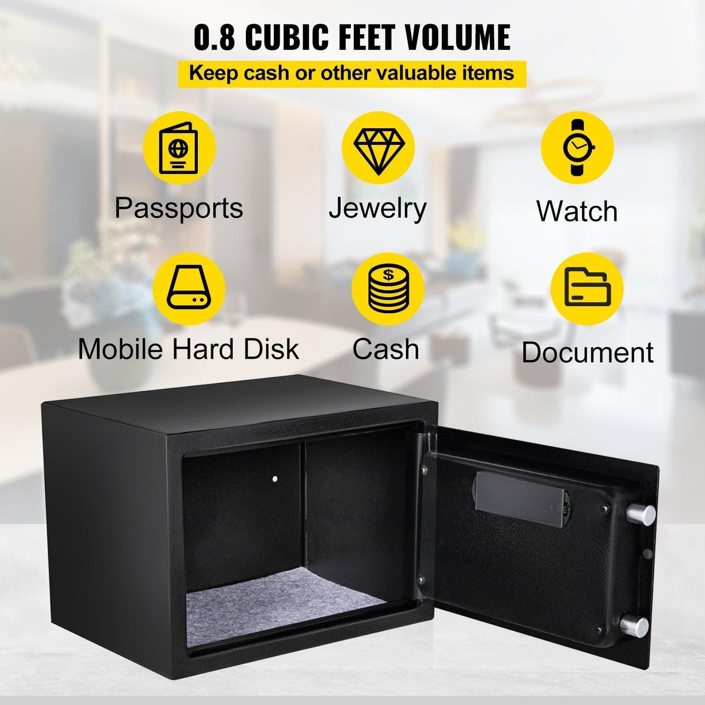Safe Box, 0.8 CU.FT Fingerprint Safe Box for Money w/ 2 Keys & Digital Keypad, Q235 Steel Safe Box for Storing Cash, Jewelry, Pistols, Documents, Watches in Home & Office & Hotel.