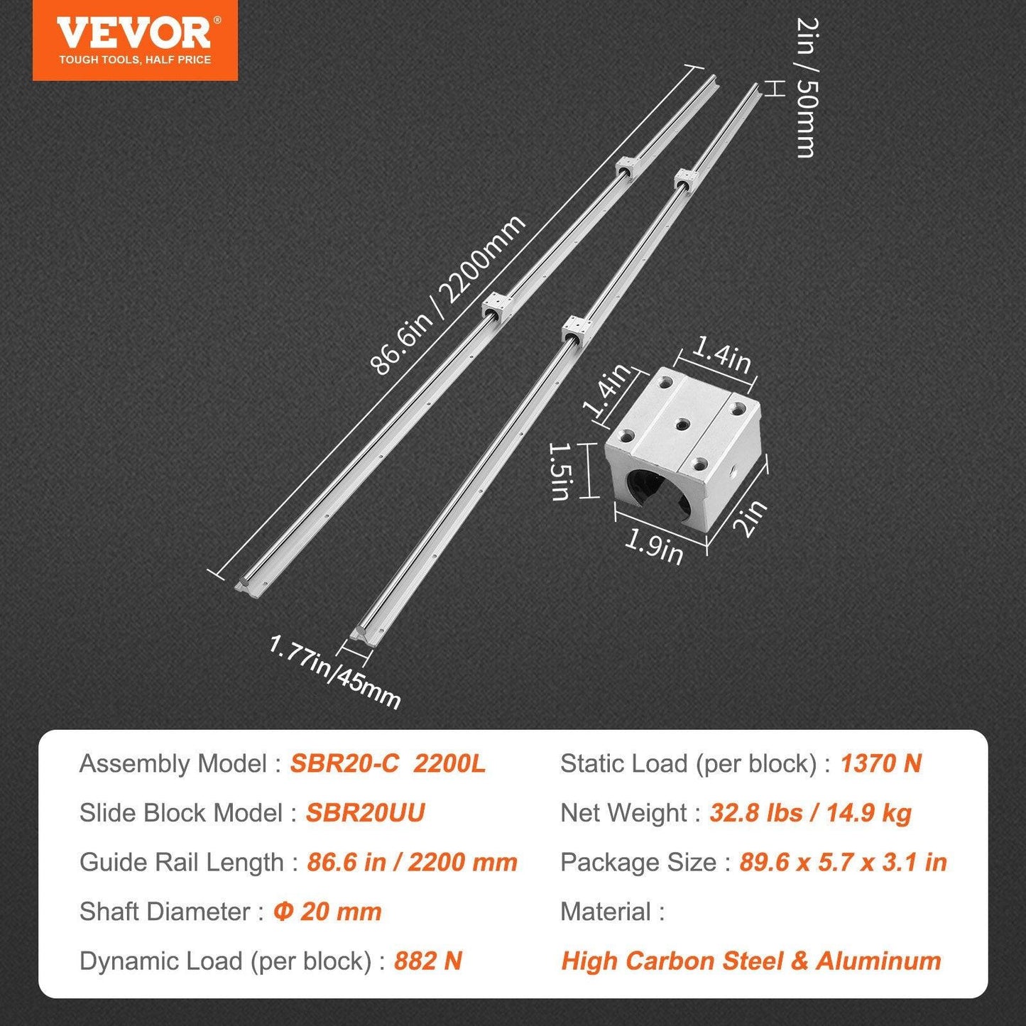 Linear Guide Rail Set, SBR20 2200mm, 2 PCS 86.6 in/2200 mm SBR20 Guide Rails and 4 PCS SBR20UU Slide Blocks, Linear Rails and Bearings Kit for Automated Machines DIY Project CNC Router Machines.