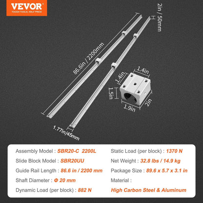 Linear Guide Rail Set, SBR20 2200mm, 2 PCS 86.6 in/2200 mm SBR20 Guide Rails and 4 PCS SBR20UU Slide Blocks, Linear Rails and Bearings Kit for Automated Machines DIY Project CNC Router Machines.