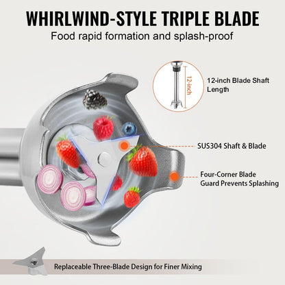 Commercial Immersion Blender, 350W Heavy Duty Hand Mixer, 12 inch Stepless Variable Speed Mixer with Stainless Steel Blade, Multi-Purpose Portable Mixer for Soup, Sauces, Mashed Potatoes, Cream.
