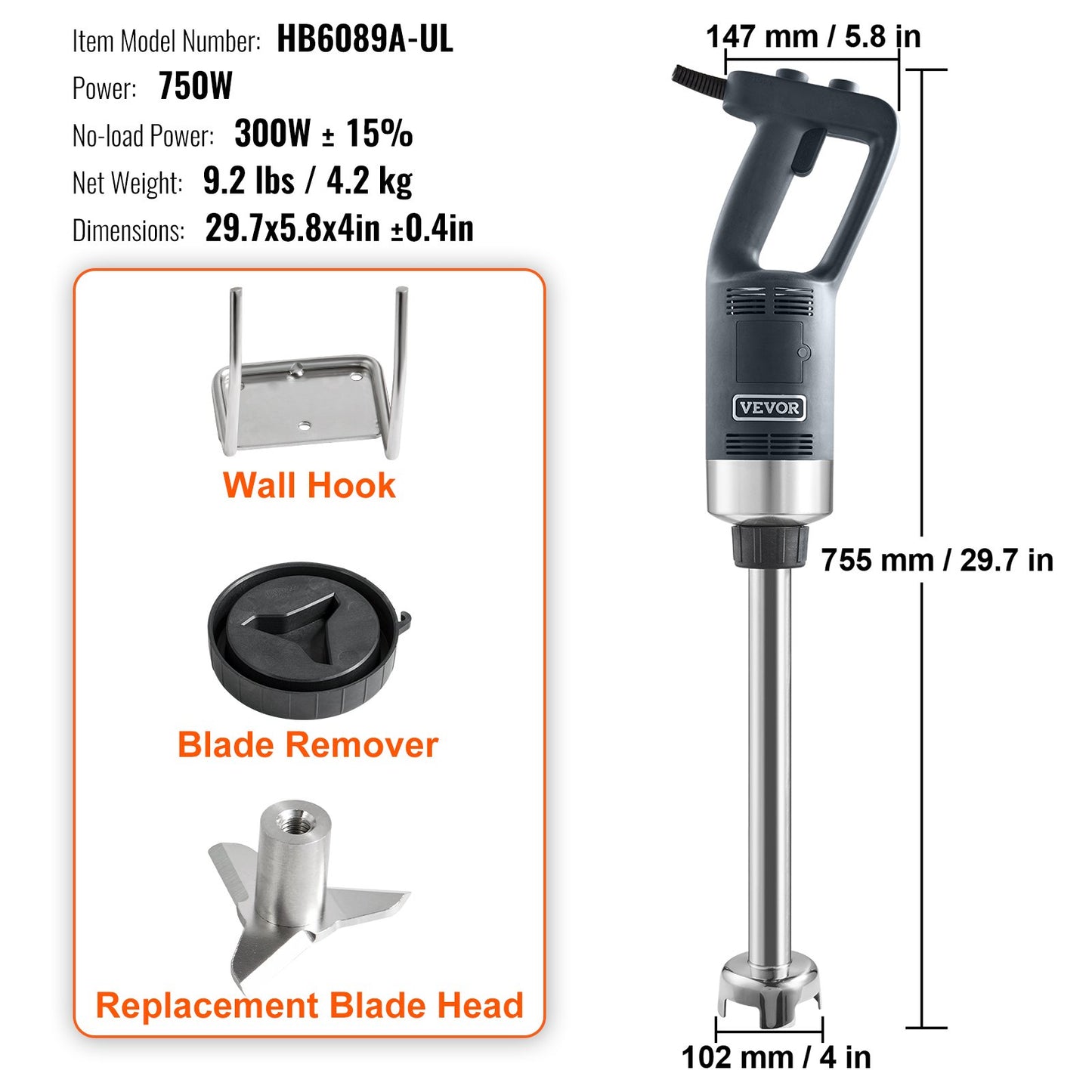 Commercial Immersion Blender Heavy Duty Hand Mixer 750W Variable Speed