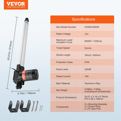 Linear Actuator 12V, 16 Inch Heavy Duty 1320lbs/6000N Linear Actuator, 0.19"/s Linear Motion Actuator with Mounting Bracket & IP44 Protection for Electric Door Industrial Machinery Vessels Cargo