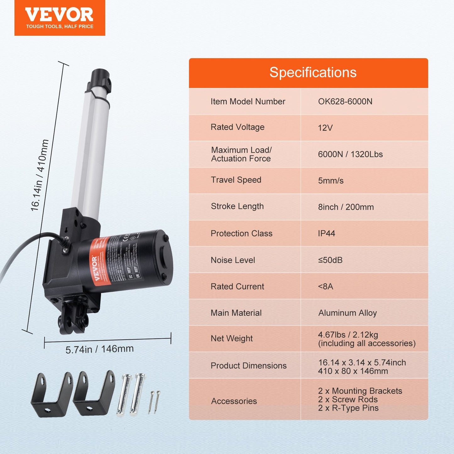 Linear Actuator 12V, 8 Inch Heavy Duty 1320lbs/6000N Linear Actuator, 0.19"/s Linear Motion Actuator with Mounting Bracket & IP44 Protection for Electric Door Industrial Machinery Vessels Cargo