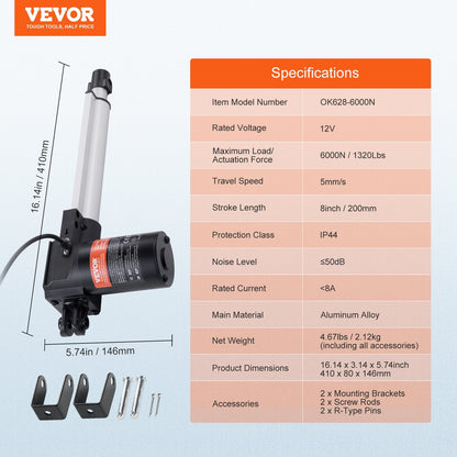Linear Actuator 12V, 8 Inch Heavy Duty 1320lbs/6000N Linear Actuator, 0.19"/s Linear Motion Actuator with Mounting Bracket & IP44 Protection for Electric Door Industrial Machinery Vessels Cargo