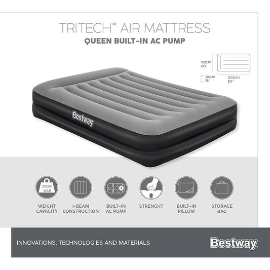 Bestway 2.03m x 1.52m x 46cm Tritech Air Mattress Queen Built-in AC pump.