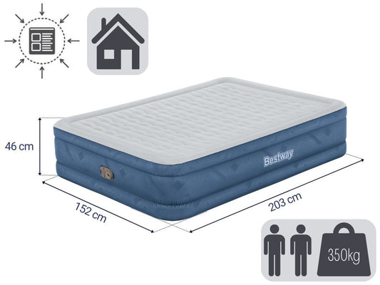 Bestway 2.03m x 1.52m x 46cm Fortech Snugable Top Air Inflatable Mattress Queen Built-in AC Pump.