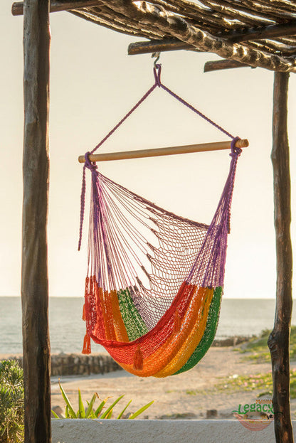 Mayan Legacy Extra Large Outdoor Cotton Mexican Hammock Chair in Rainbow Colour