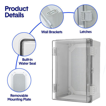 Electrical ABS Junction Box IP66 Waterproof Electrical Enclosure with Clear Hinged Cover and Mounting Plate for Electrical Project 30x20x17cm.