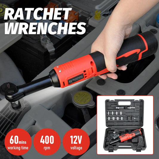 Cordless Electric Ratchet Wrench Set 12V Power Electric Ratchet Wrench 3/8inch 400 RPM Variable Speed with Sockets Two 2000mAh Batteries and Charger.