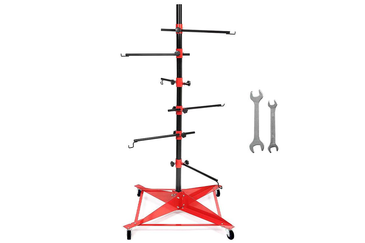 Universal Auto Paint Stand Panel Tree Paint Rotating Stand Center Post Hang Paint Spray with 4 Wheels and 6 Hooks for Automotive Doors Fenders Bumpers.