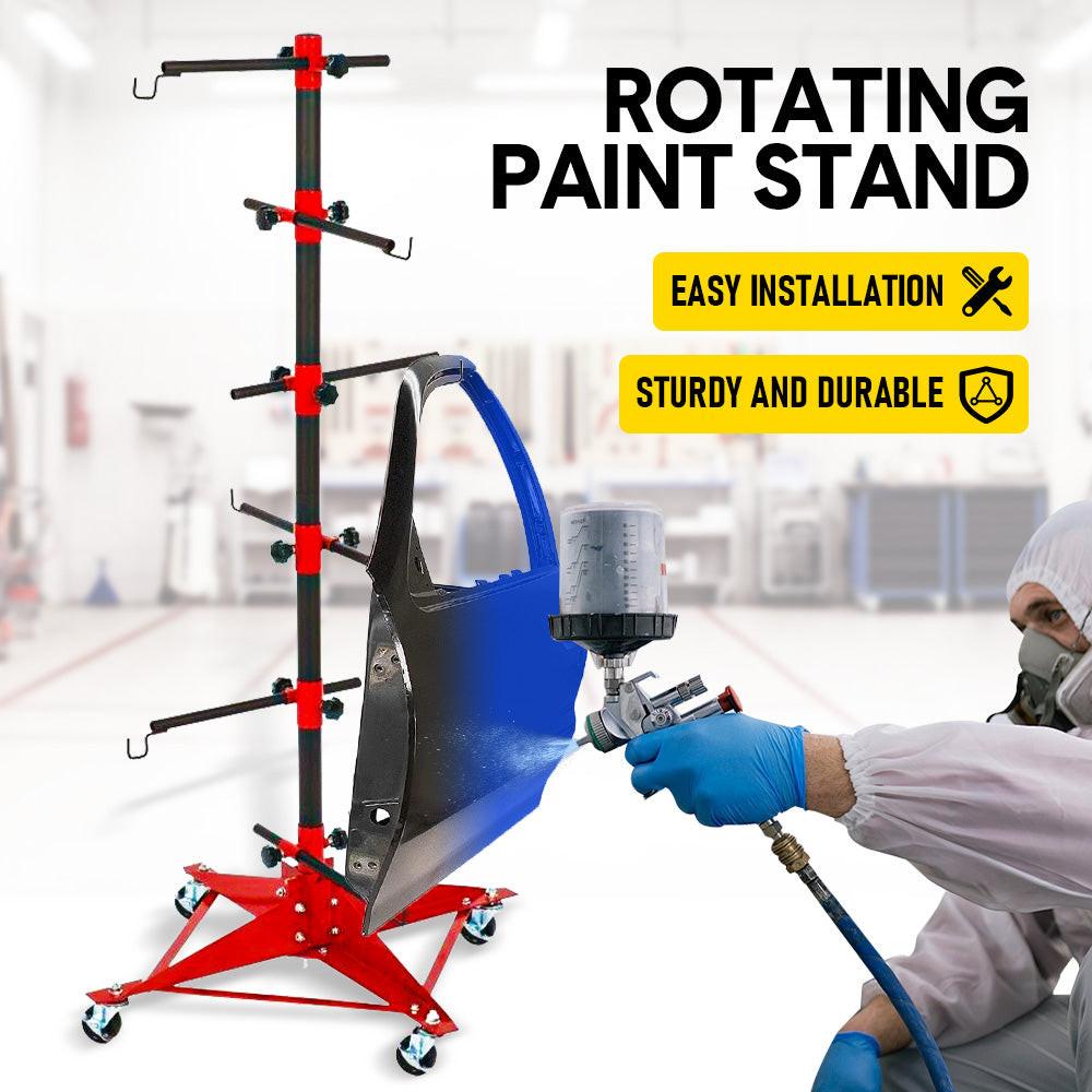 Universal Auto Paint Stand Panel Tree Paint Rotating Stand Center Post Hang Paint Spray with 4 Wheels and 6 Hooks for Automotive Doors Fenders Bumpers.