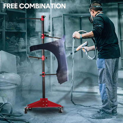Universal Auto Paint Stand Panel Tree Paint Rotating Stand Center Post Hang Paint Spray with 4 Wheels and 6 Hooks for Automotive Doors Fenders Bumpers.