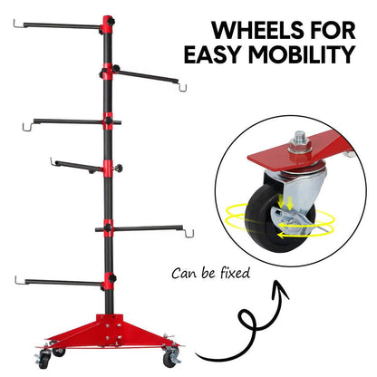 Universal Auto Paint Stand Panel Tree Paint Rotating Stand Center Post Hang Paint Spray with 4 Wheels and 6 Hooks for Automotive Doors Fenders Bumpers.