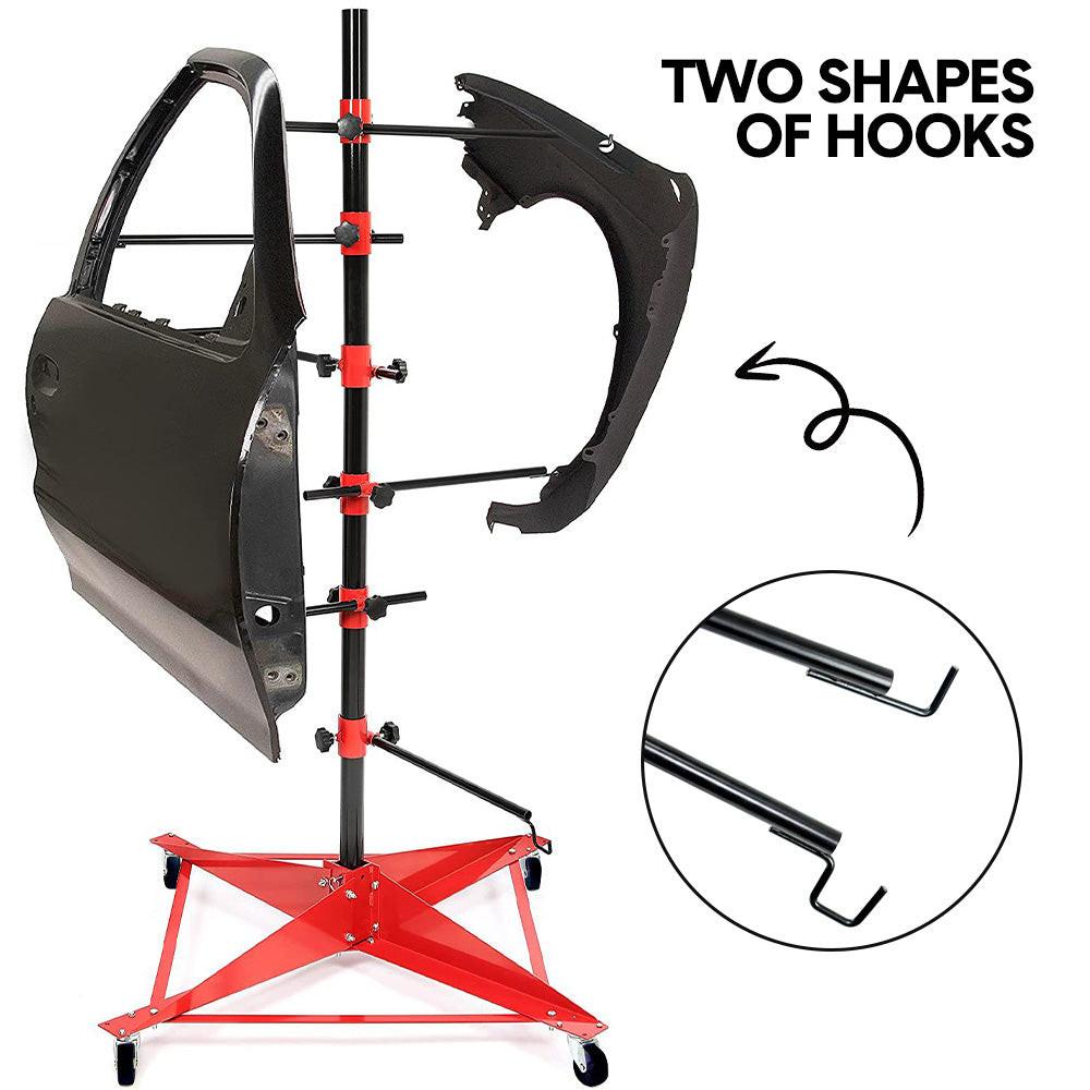 Universal Auto Paint Stand Panel Tree Paint Rotating Stand Center Post Hang Paint Spray with 4 Wheels and 6 Hooks for Automotive Doors Fenders Bumpers.
