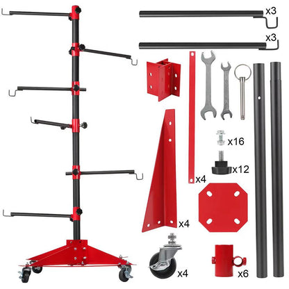 Universal Auto Paint Stand Panel Tree Paint Rotating Stand Center Post Hang Paint Spray with 4 Wheels and 6 Hooks for Automotive Doors Fenders Bumpers.