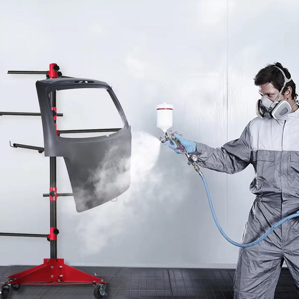 Universal Auto Paint Stand Panel Tree Paint Rotating Stand Center Post Hang Paint Spray with 4 Wheels and 6 Hooks for Automotive Doors Fenders Bumpers.