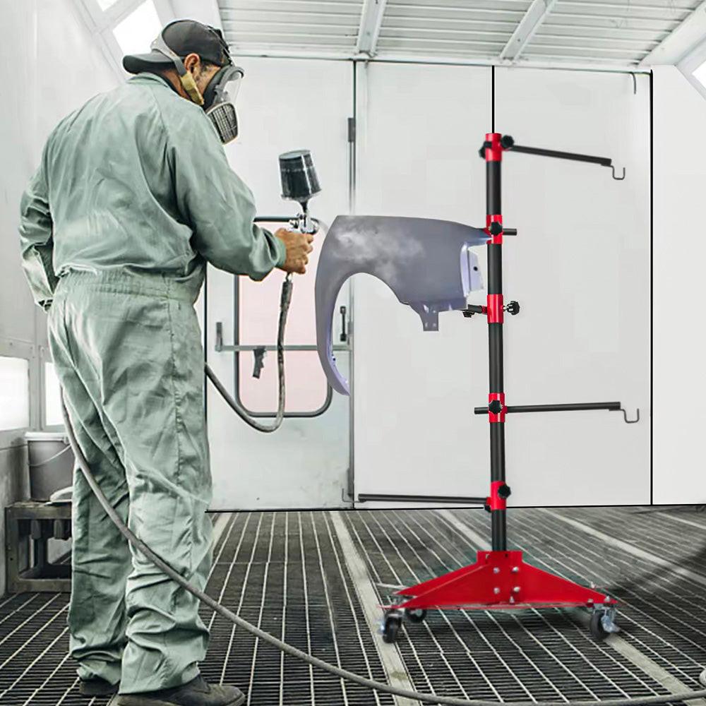 Universal Auto Paint Stand Panel Tree Paint Rotating Stand Center Post Hang Paint Spray with 4 Wheels and 6 Hooks for Automotive Doors Fenders Bumpers.