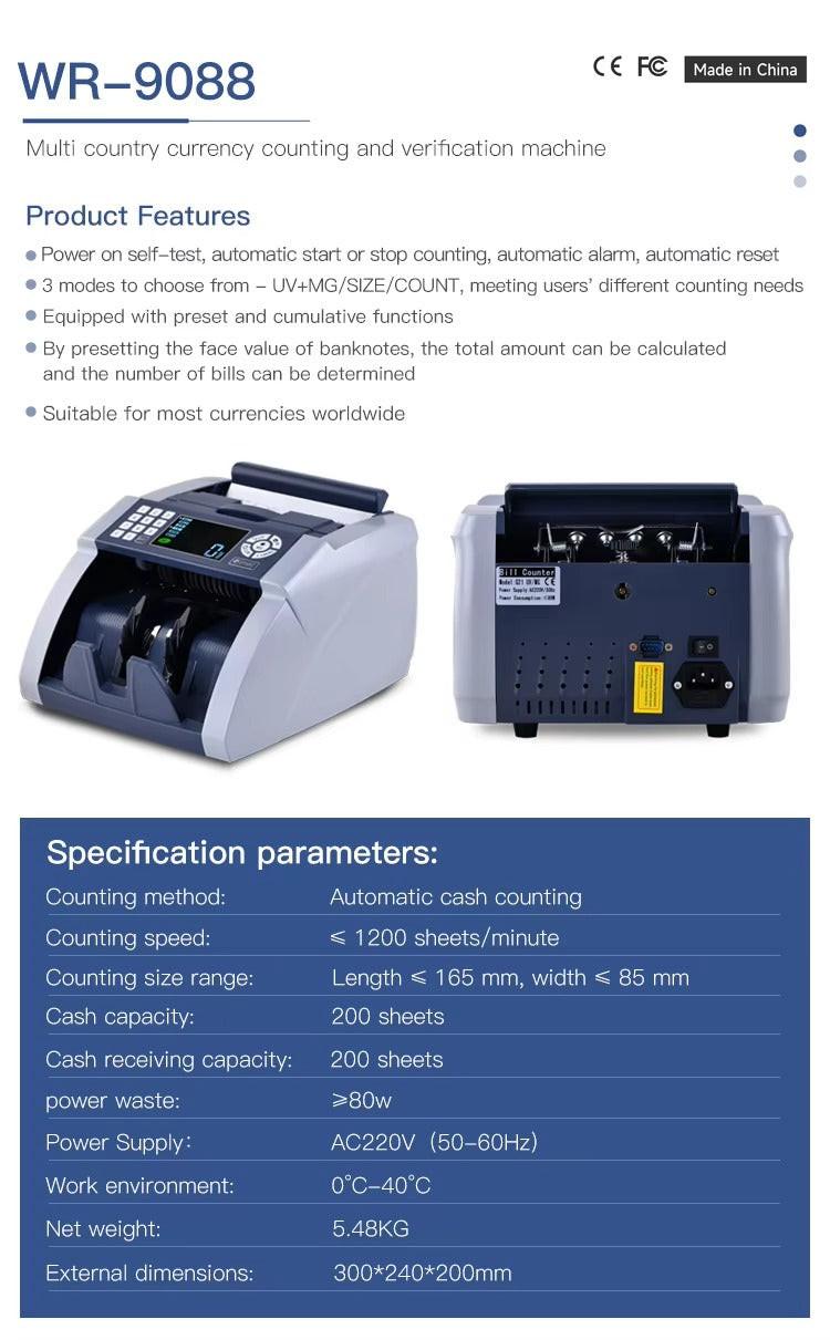 Weirong 9088 UV/MG LCD Display Bill Counter Multi-Currencies Counting Machine Cash Detector AUD/EUR/USD/TRY Money Counter.