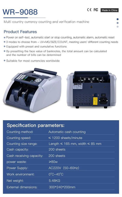Weirong 9088 UV/MG LCD Display Bill Counter Multi-Currencies Counting Machine Cash Detector AUD/EUR/USD/TRY Money Counter.