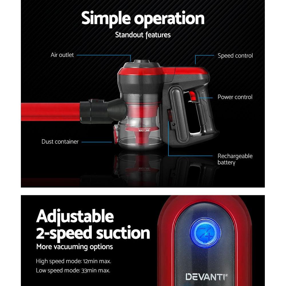 Devanti Stick Vacuum Cleaner Brushless Cordless 250W Red.