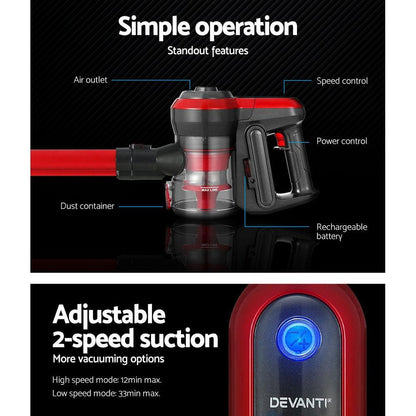 Devanti Stick Vacuum Cleaner Brushless Cordless 250W Red.