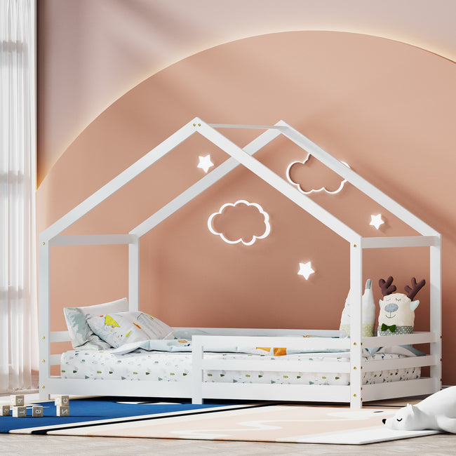 Artiss Bed Frame Wooden Kids Single House Frame White AMOS Hover Image