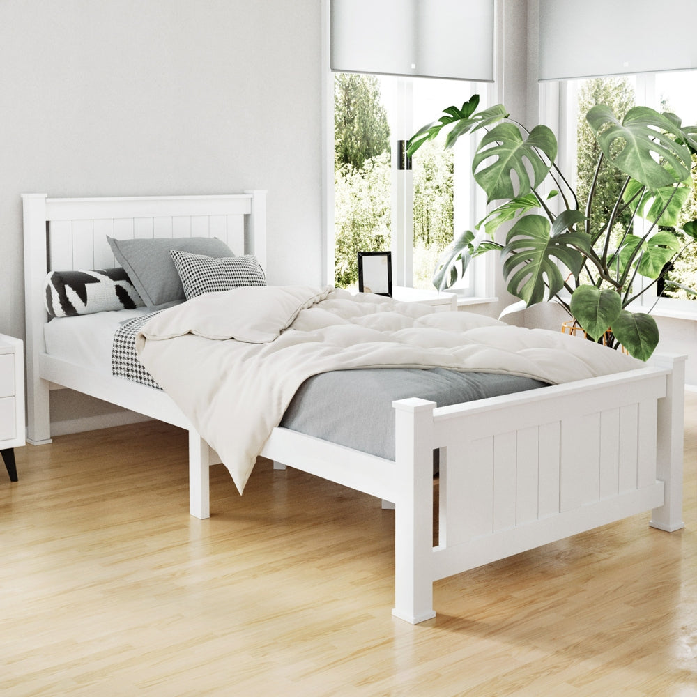 Artiss Bed Frame Single Size Wooden White RIO.