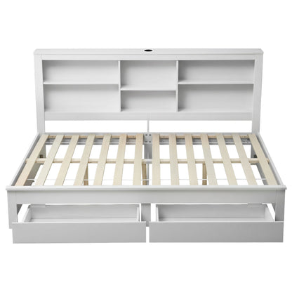 Artiss Noise-Free White Farmhouse Solid Wood Double Platform Bed Frame with Storage Headboard, Charging Station and Drawers for Bedroom and Apartment