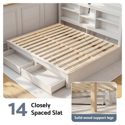 Artiss Noise-Free White Farmhouse Solid Wood Double Platform Bed Frame with Storage Headboard, Charging Station and Drawers for Bedroom and Apartment