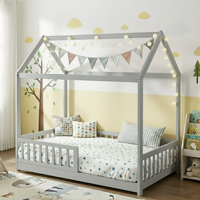 Artiss Bed Frame Wooden Kids House Frame Grey ROCK Hover Image