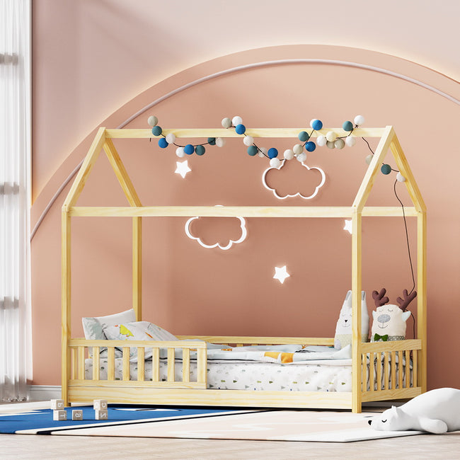 Artiss Bed Frame Wooden Kids House Frame Oak ROCK Hover Image