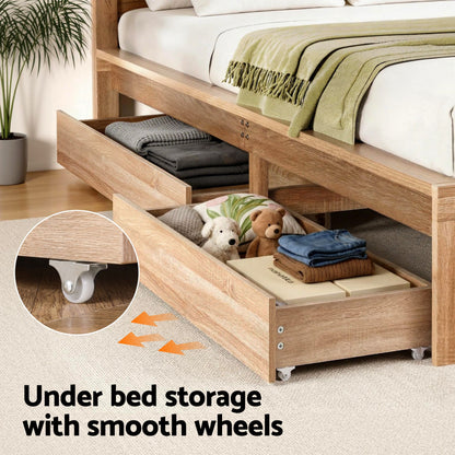 Artiss Single Bed Frame with 2 Drawers Wooden Bed Base Walnut