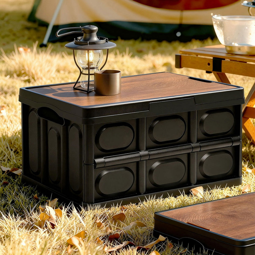 Gardeon Collapsible Outdoor Storage Box 50L Stackable Folding Camping Organizer Plywood Lid Black