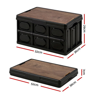 Gardeon Collapsible Outdoor Storage Box 50L Stackable Folding Camping Organizer Plywood Lid Black